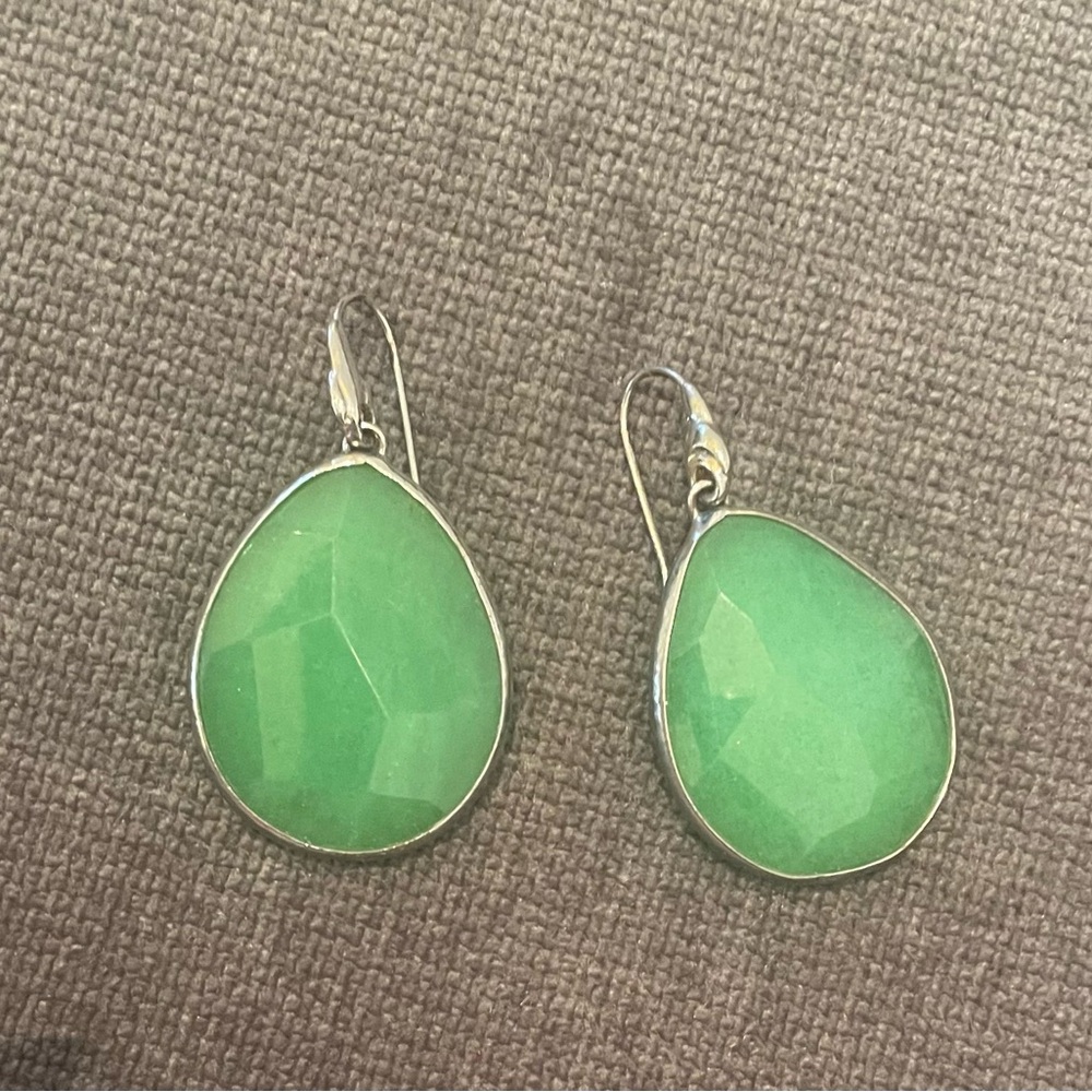 Green Bezel Gemstone Teardrop Pendant Earrings - Sterling Silver Hooks